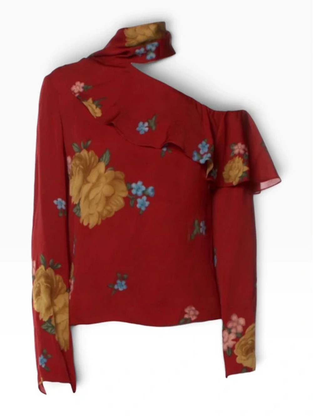 Magda Butrym Red Silk Floral One-Shoulder Ruffle Blouse – FR 36 / US 4
